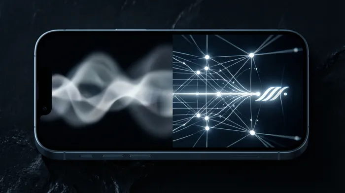 Pukuun pukeutunut mies käsittelee älypuhelimen yläpuolella näkyvää holografista digitaalista käyttöliittymää, jossa on verkkodataa ja IP-osoitteita.