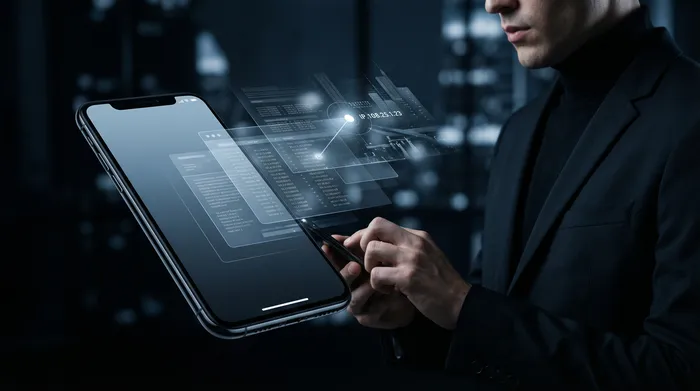 Kaksi älypuhelinta vierekkäin pöydällä, yhdistettynä hohtavalla digitaalisella verkolla, joka symboloi tiedonsiirtoa laitteiden välillä.