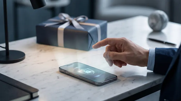 Käsi pitelee älypuhelinta, jonka viestintäliittymässä on päällekkäin aseteltuja teknologisia graafisia elementtejä, kuten riippulukko, piirilevyjä ja puhelinnumero, kuvastaen mobiiliturvallisuutta ja digitaalista viestintää.