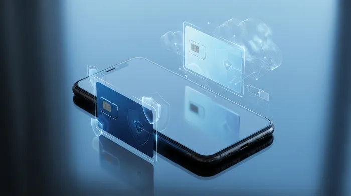 Käsi pitelee älypuhelinta, joka näyttää modernia holografista viestintäliittymää keskustelukuplilla ja turvakuvakkeilla.